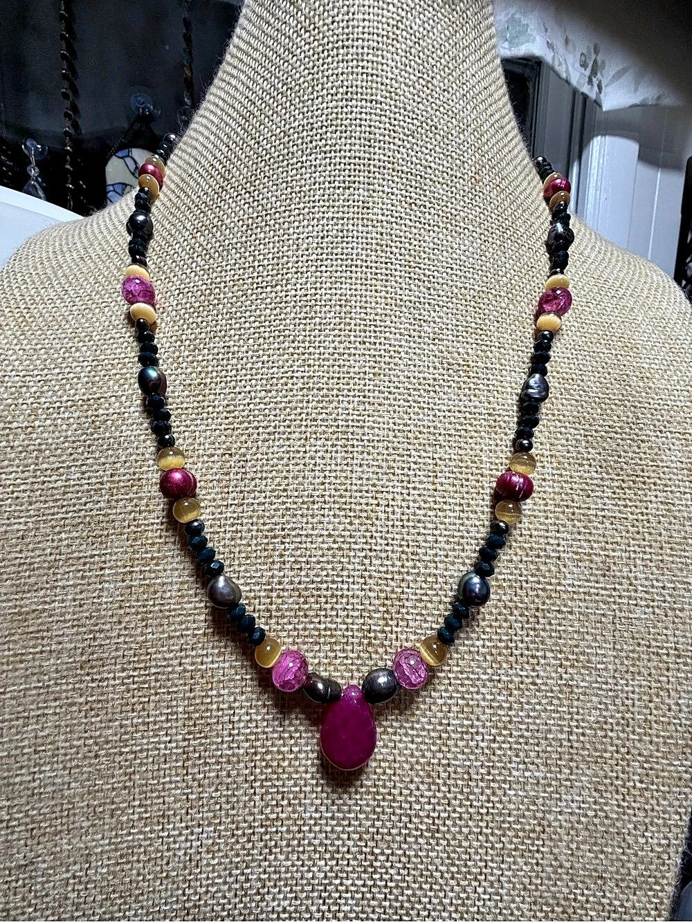 Artisan Made Fresh Water Pearl, Glass, and Ruby Necklace